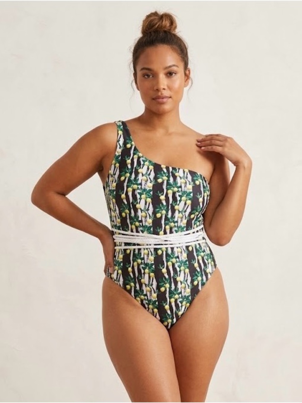 Lemon Print Striped One Shoulder One Piece Swimsuit Rope Belt XL EUC